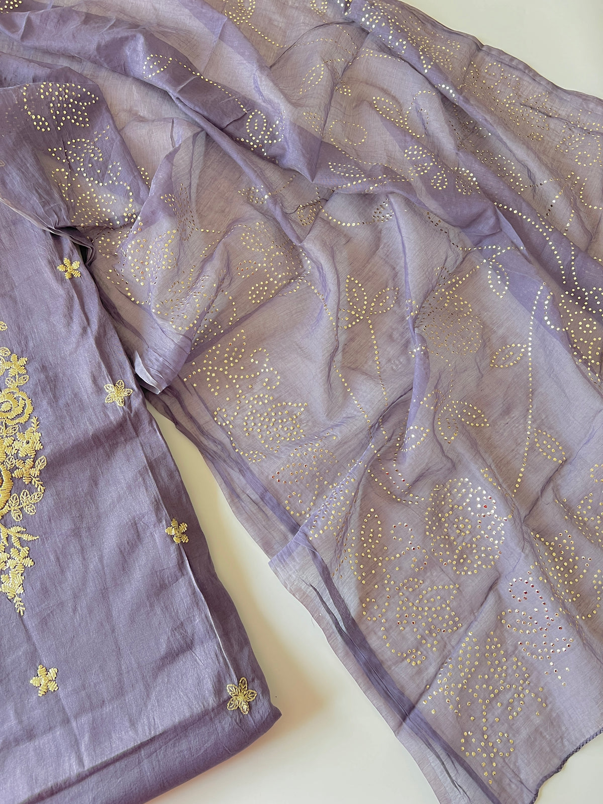 Mul Chanderi dress material with pitta and mukaish work dupatta