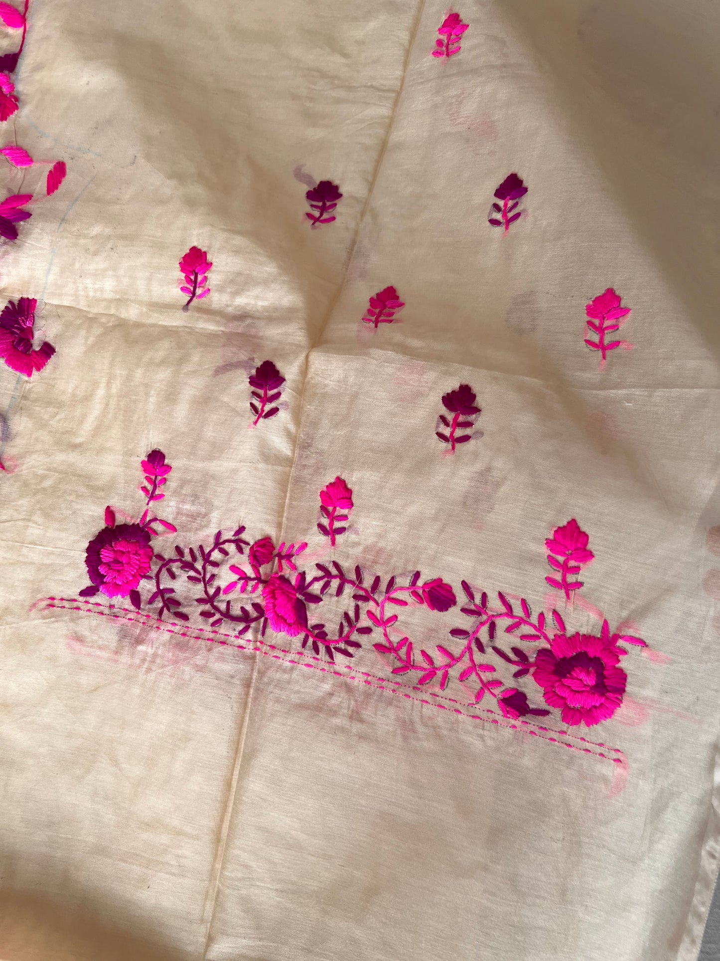 Phulkari pink embroidery on cream kurta Unstitched suit material