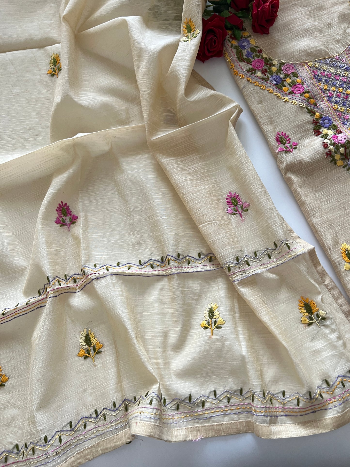 Beige Knot embroidery Unstitched suit material 2 pc