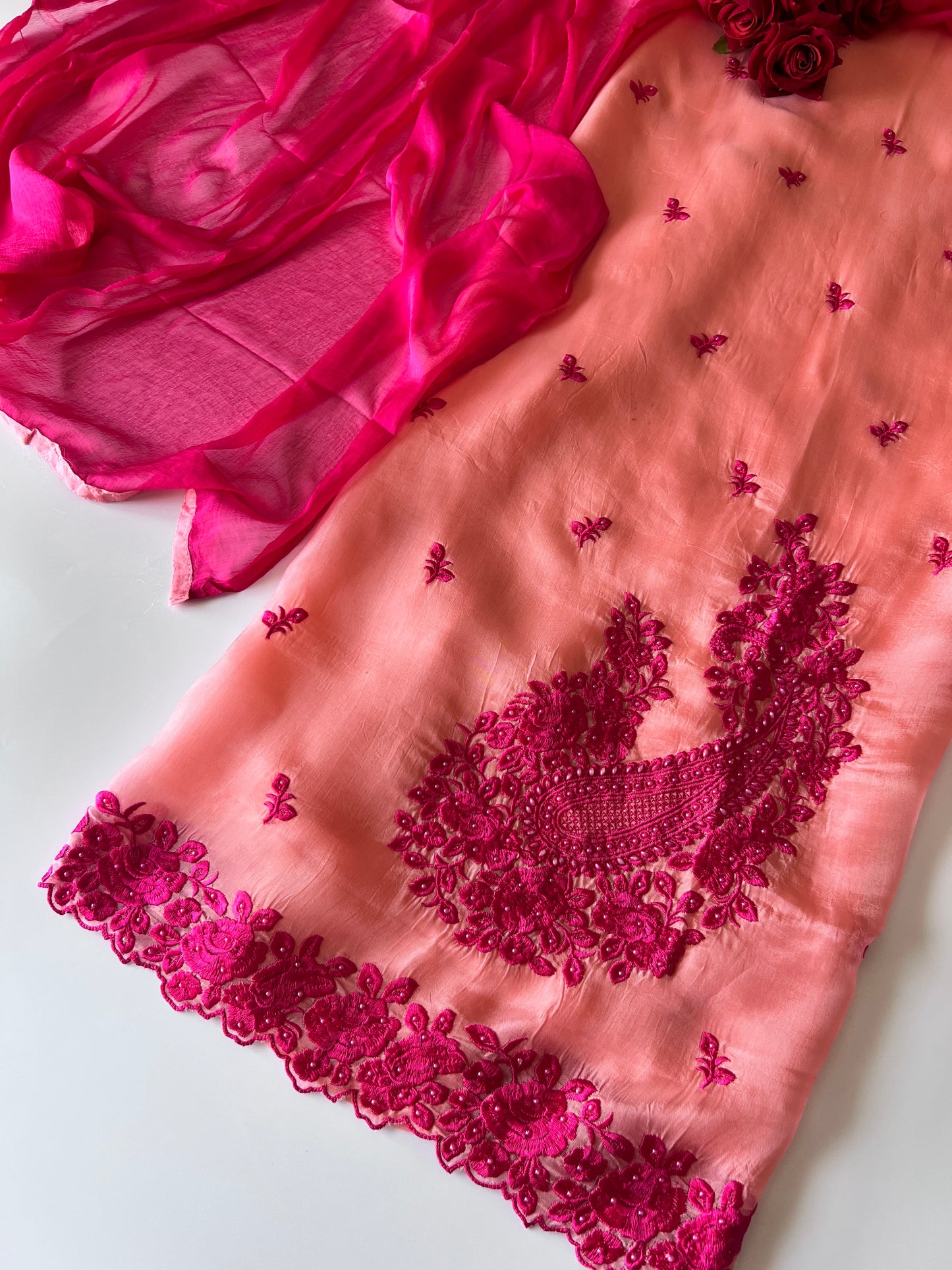 Peach Pink Embroidered Unstitched Suit