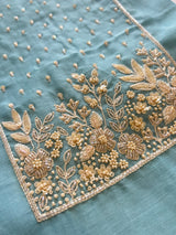 Blue Mul Chanderi Handwork with Parsi dupatta Unstitched Suit set