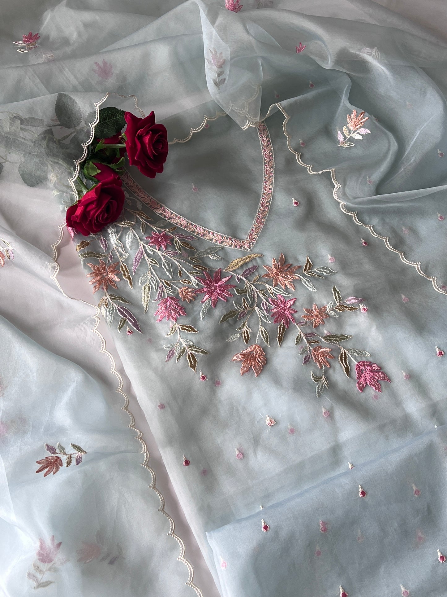 Blue thread Embroidery unstitched suit