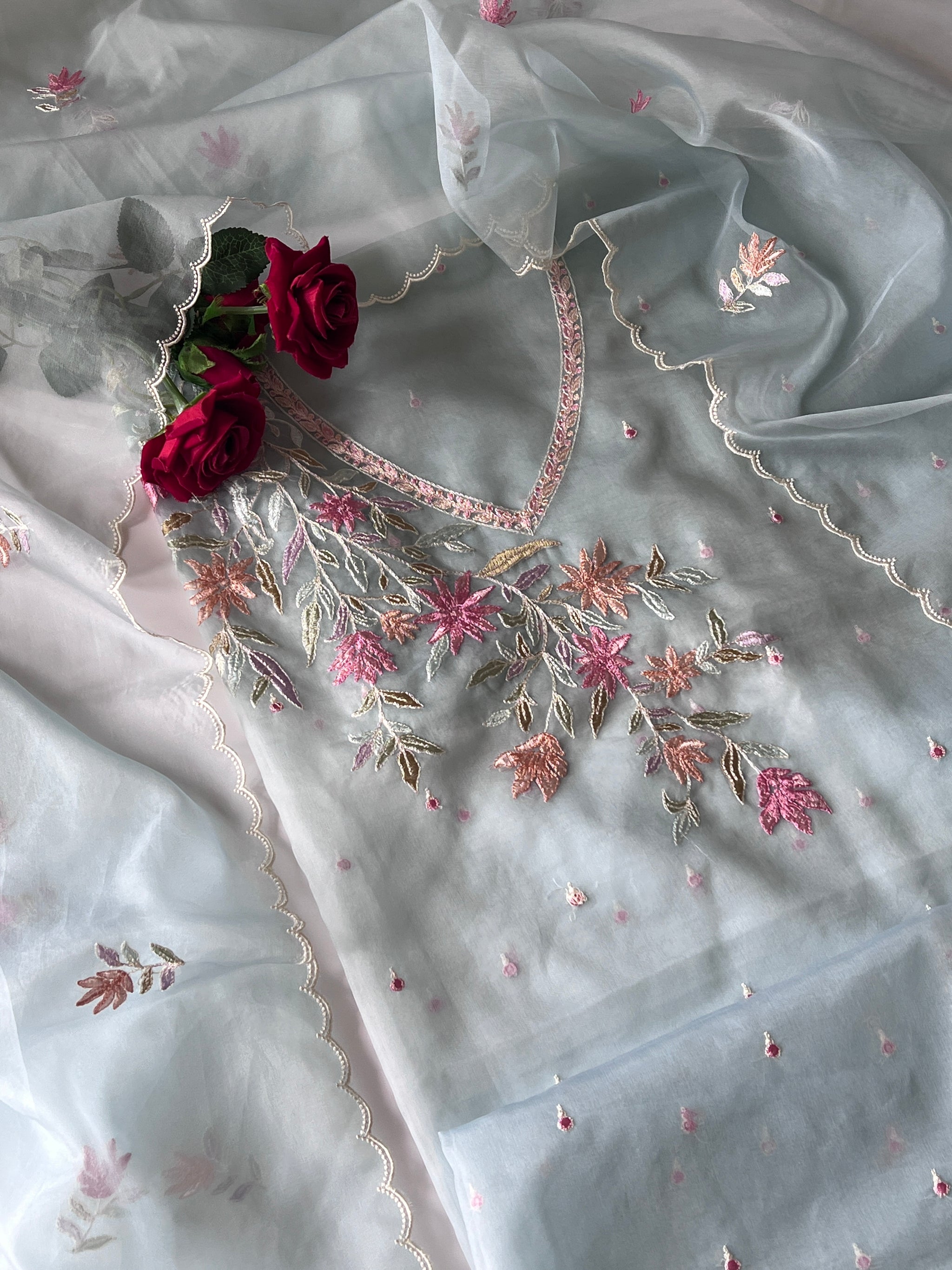 Blue thread Embroidery unstitched suit