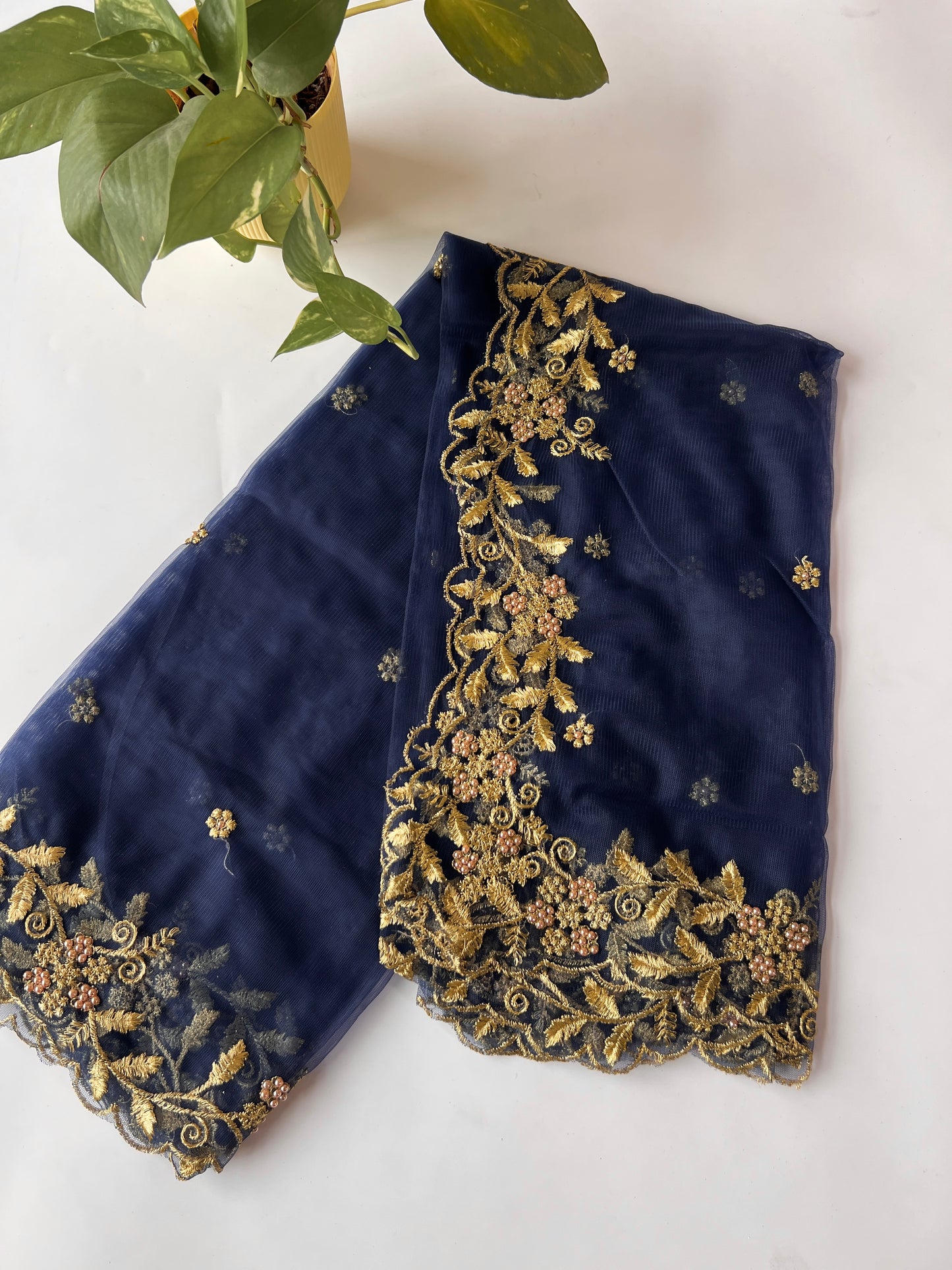 Navy Blue net soft dupatta with golden scallop border embroidery