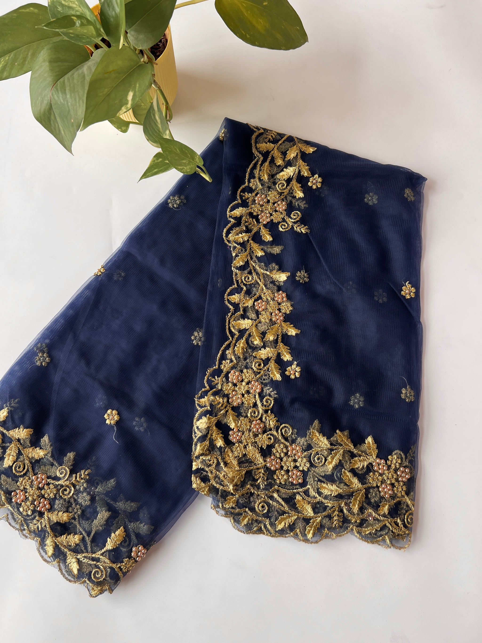 Navy Blue net soft dupatta with golden scallop border embroidery