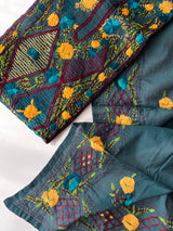 Peacock color Chanderi Phulkari embroidery Unstitched suit material
