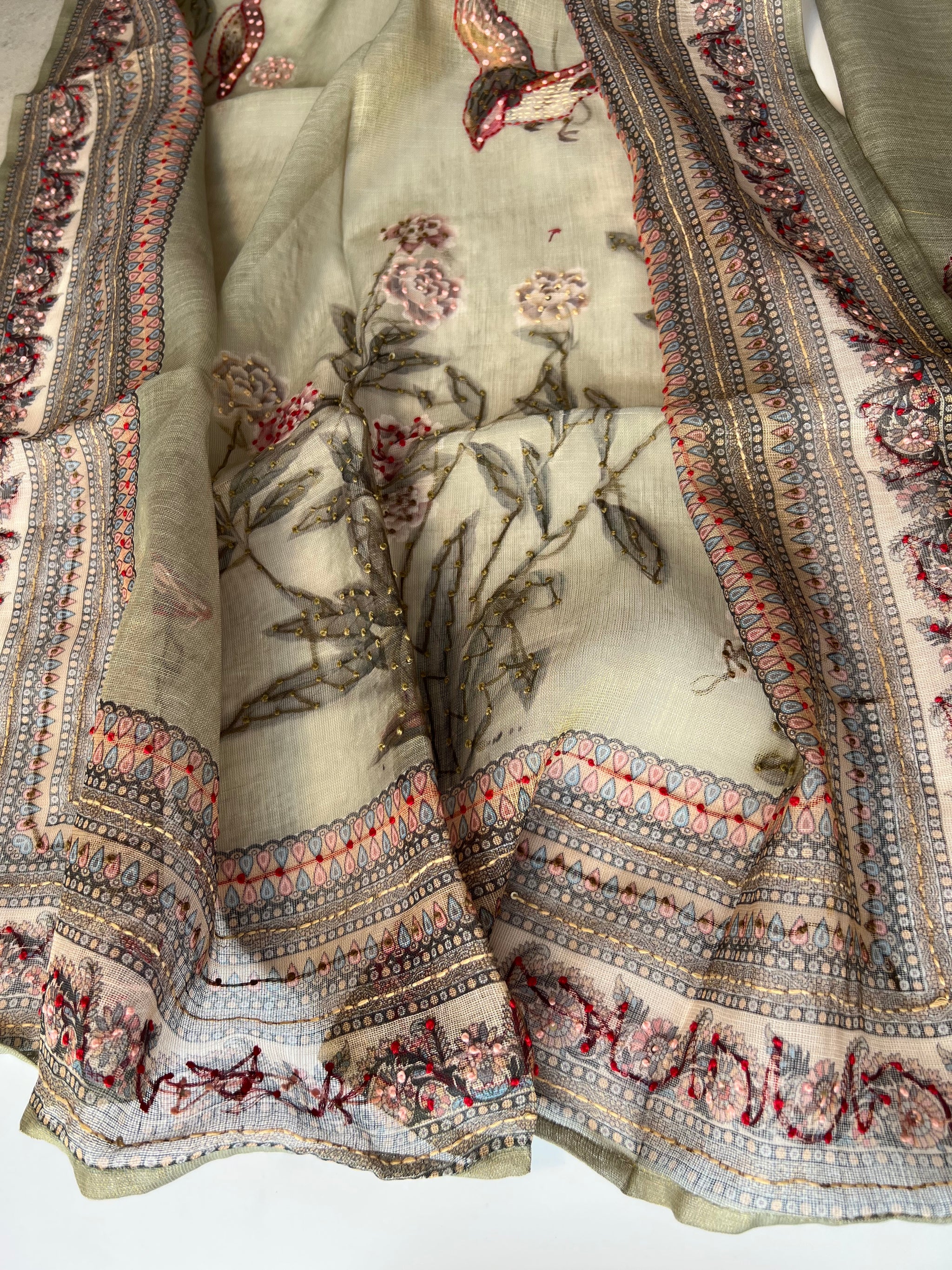 Shimmer Linen Unstitched Salwar Suit with Knot Embroidery and Bird Floral Print