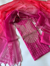 Pink soft Organza crepe with Pitta work and bandej
