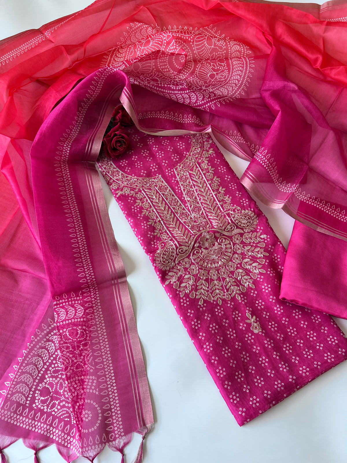 Pink soft Organza crepe with Pitta work and bandej