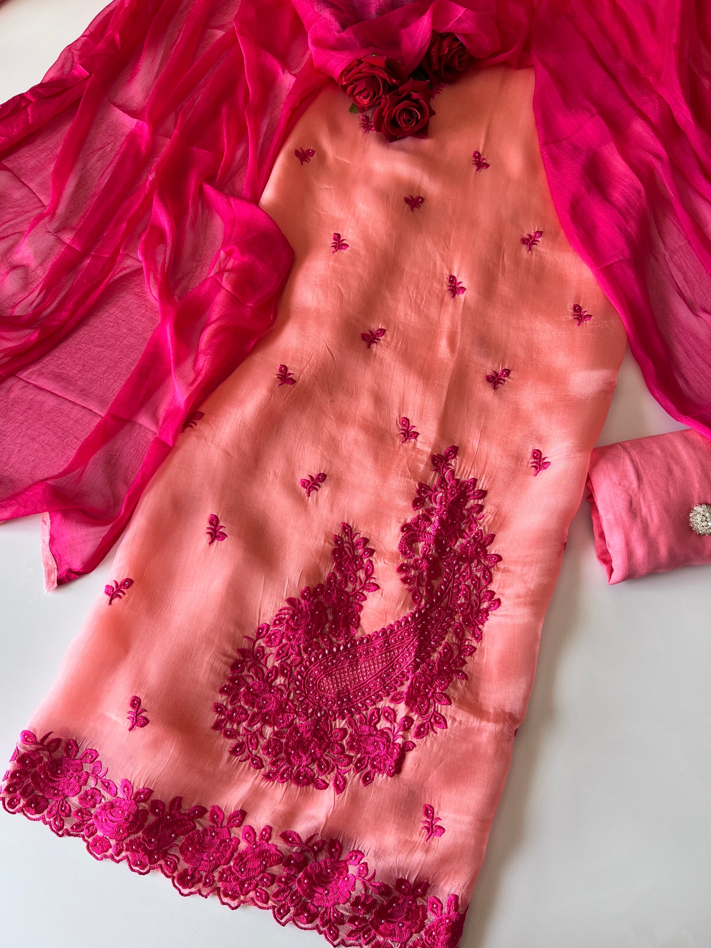 Peach Pink Embroidered Unstitched Suit