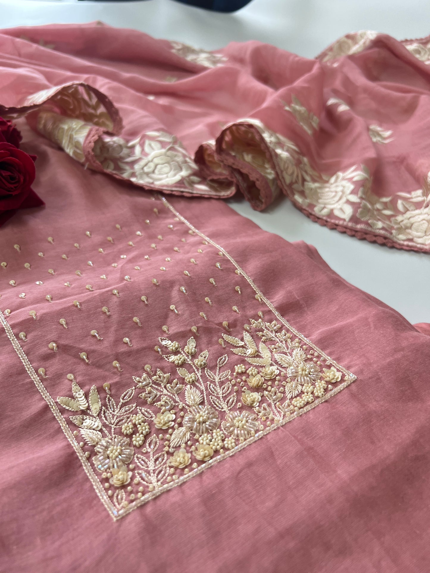 Mul Chanderi Handwork with Parsi dupatta Unstitched Suit set