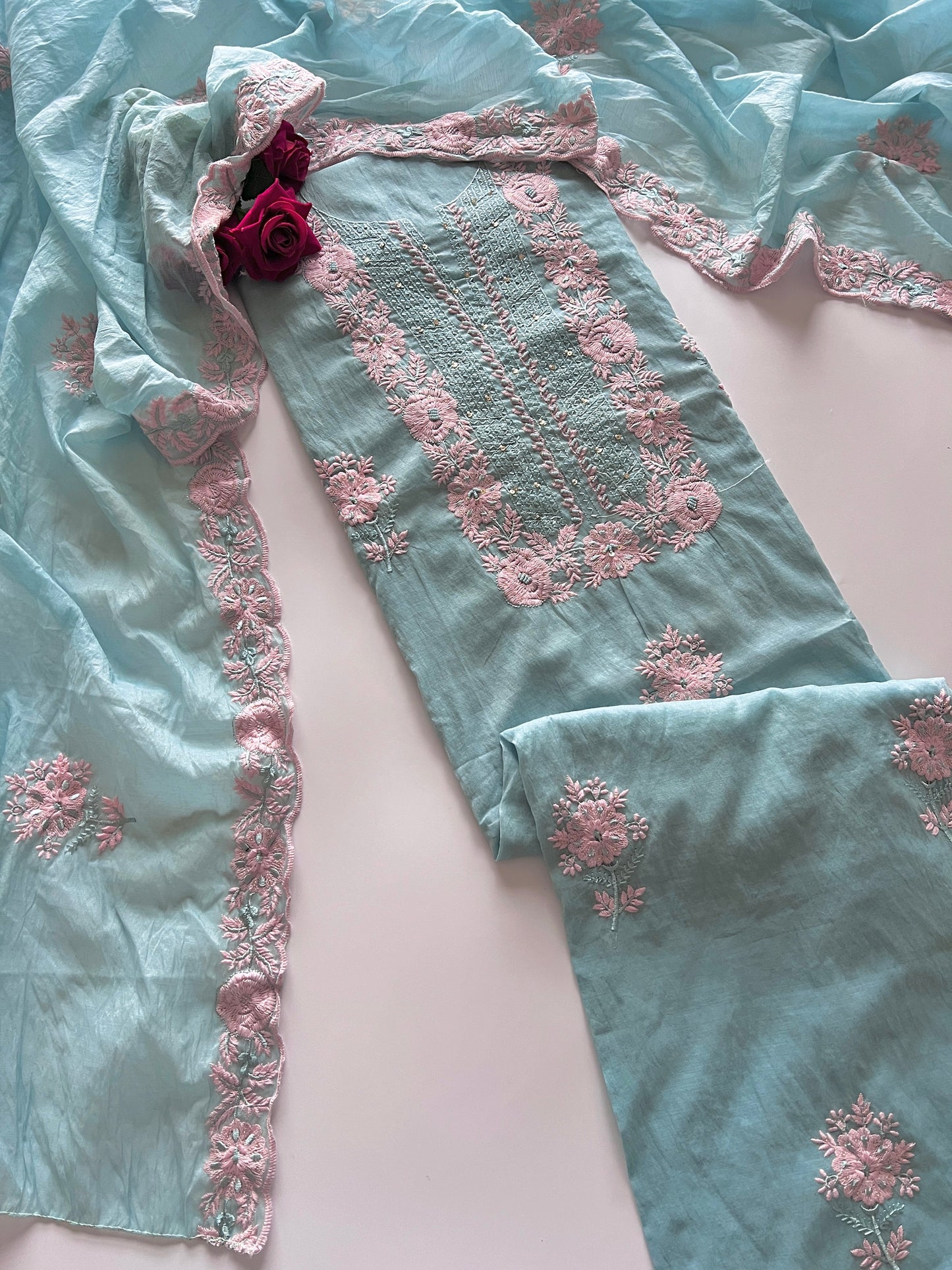 Blue Mul Chanderi embroidered Unstitched Suit