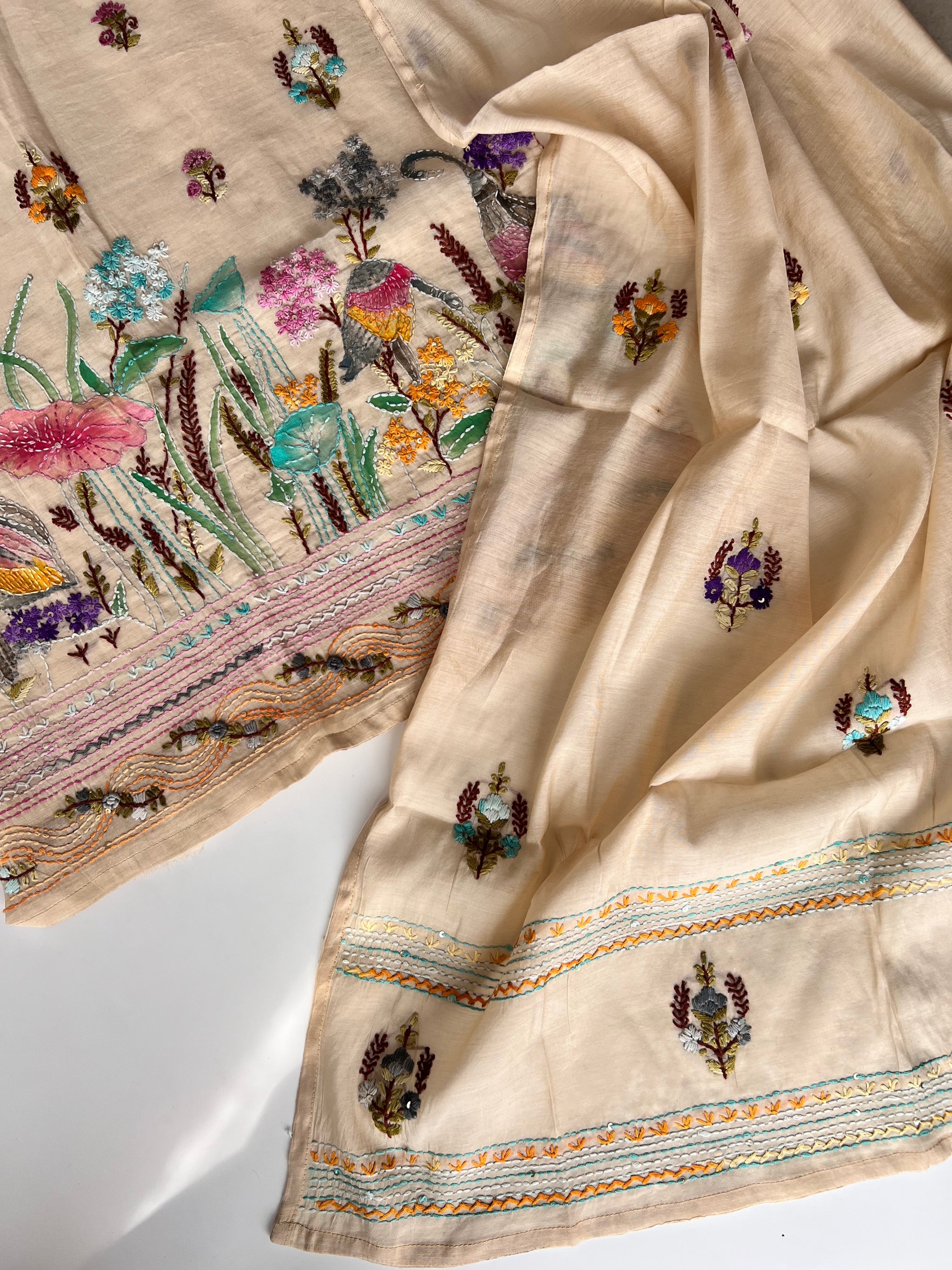 Cream bullion knot embroidery and paint Unstitched suit material