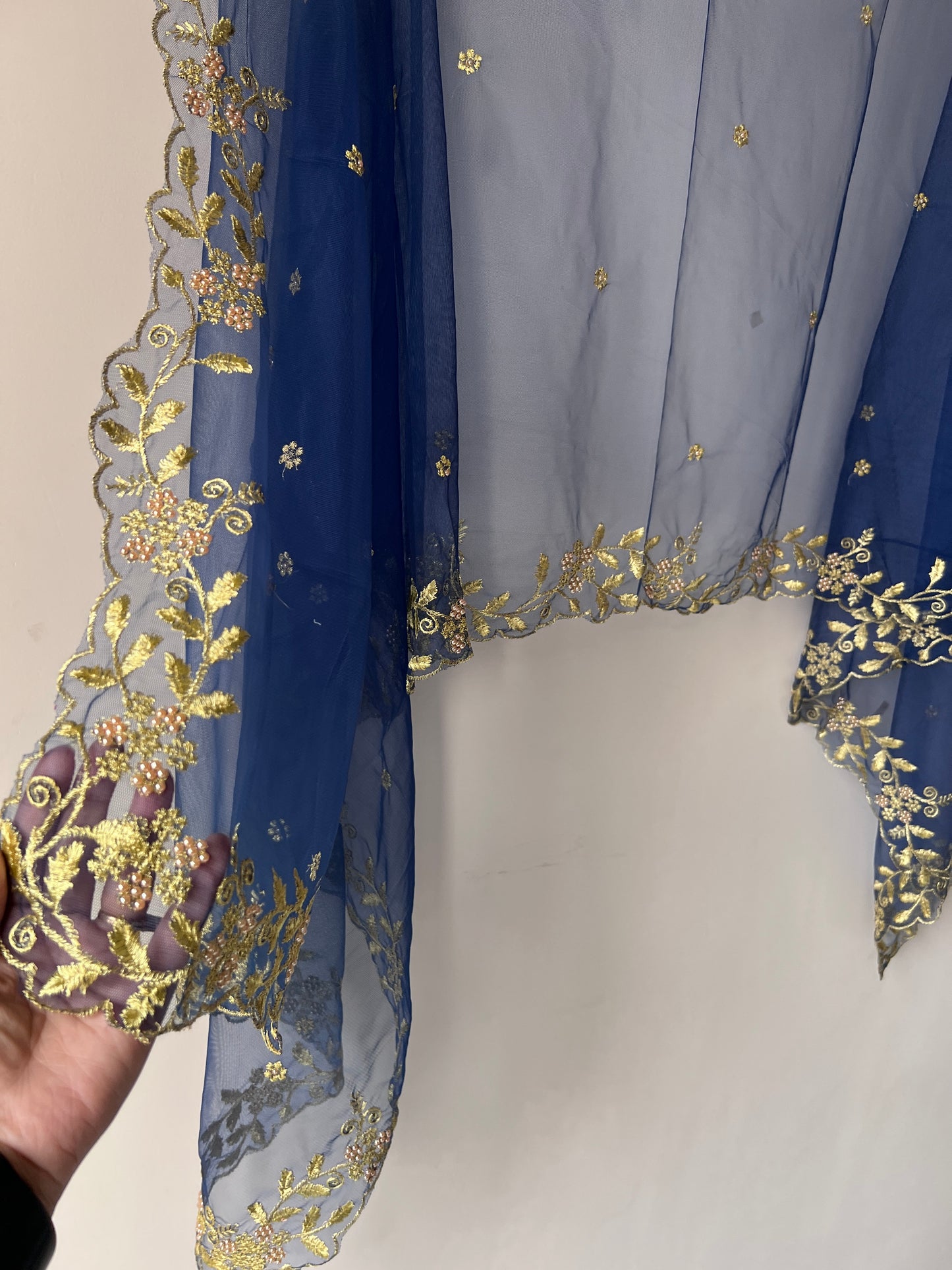 Navy Blue net soft dupatta with golden scallop border embroidery