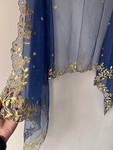 Navy Blue net soft dupatta with golden scallop border embroidery