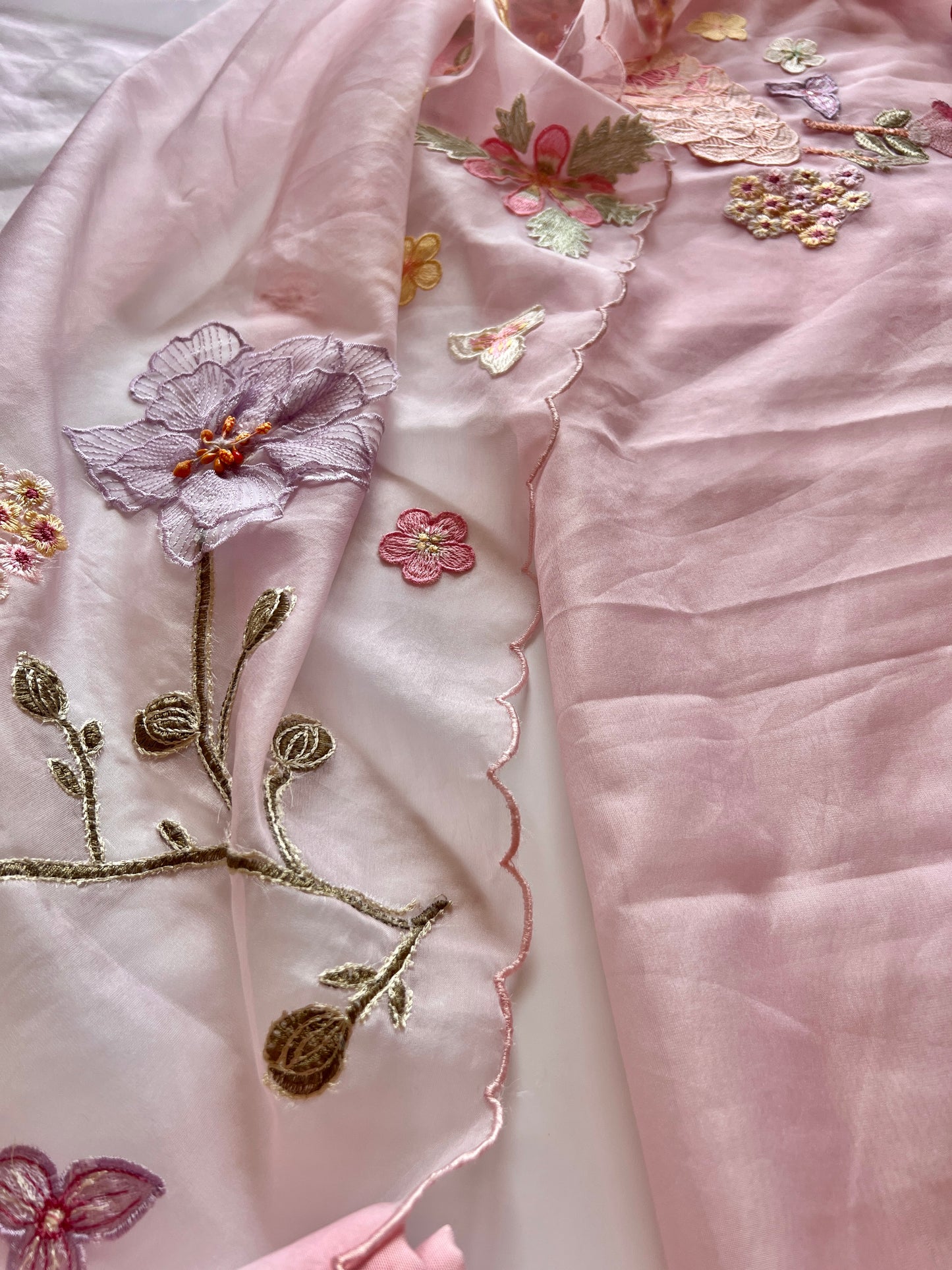 Pink 3D Embroidery on semi Organza premium unstitched dress material with floral work