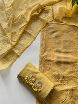 Yellow Mul Chanderi dress material with mukaish