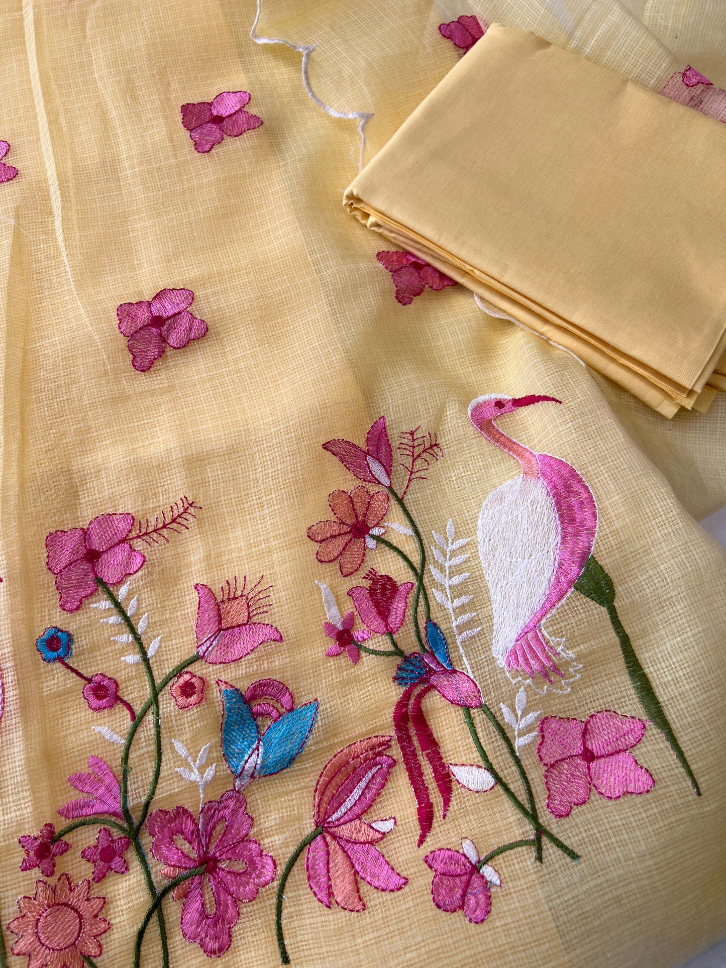Yellow Kotta with flamingo embroidered kurta dupatta set Unstitched