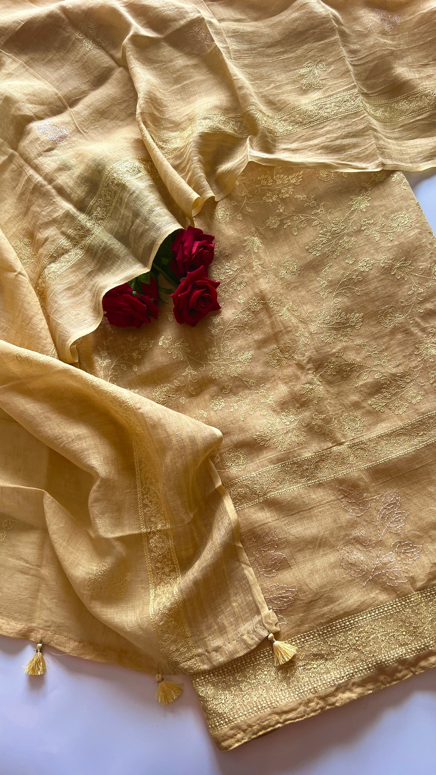 Yellow Pure Linen embroidered premium unstitched dress material