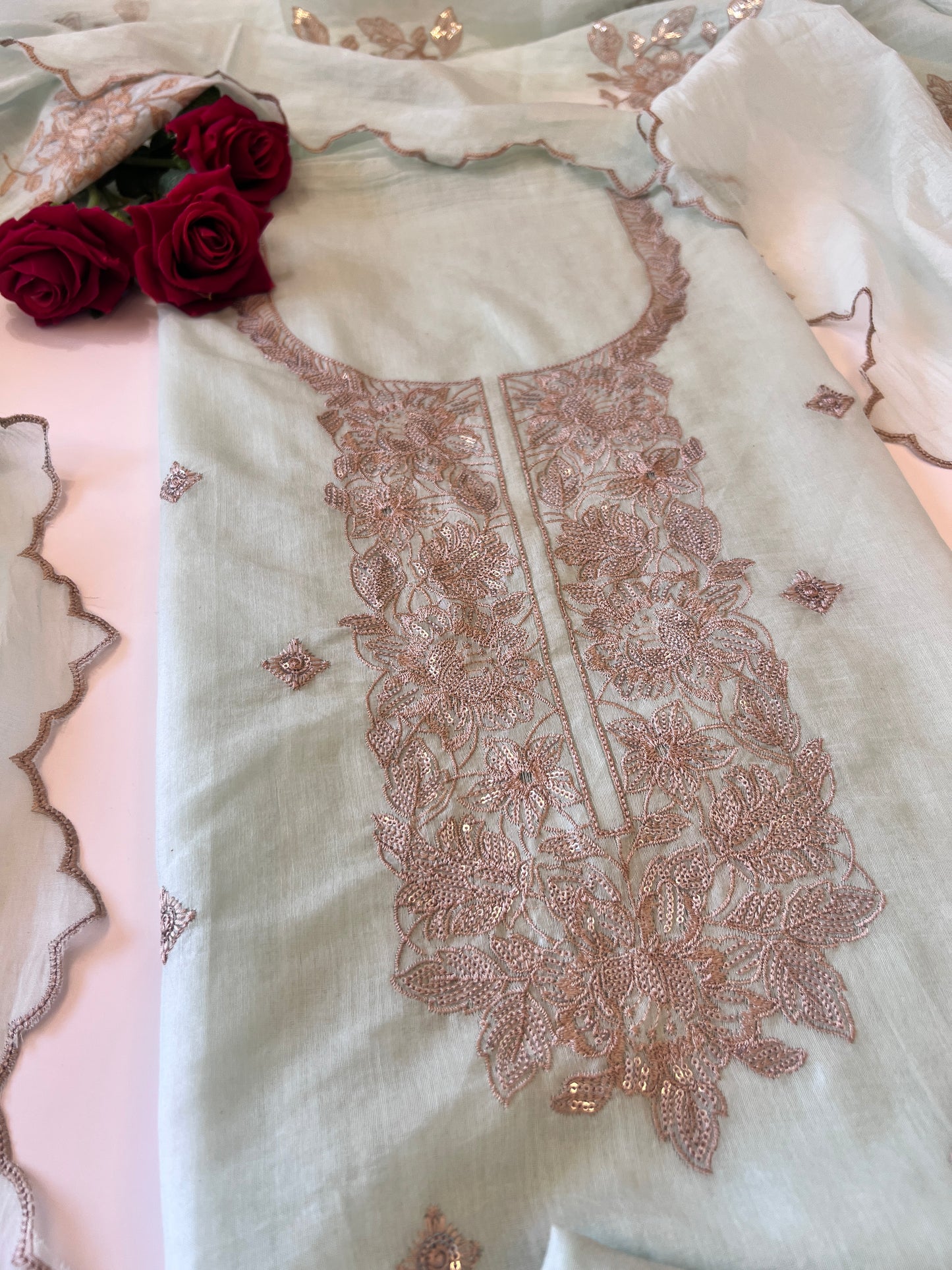Pastel Blue Mul Chanderi Sequin embroidered Unstitched Suit