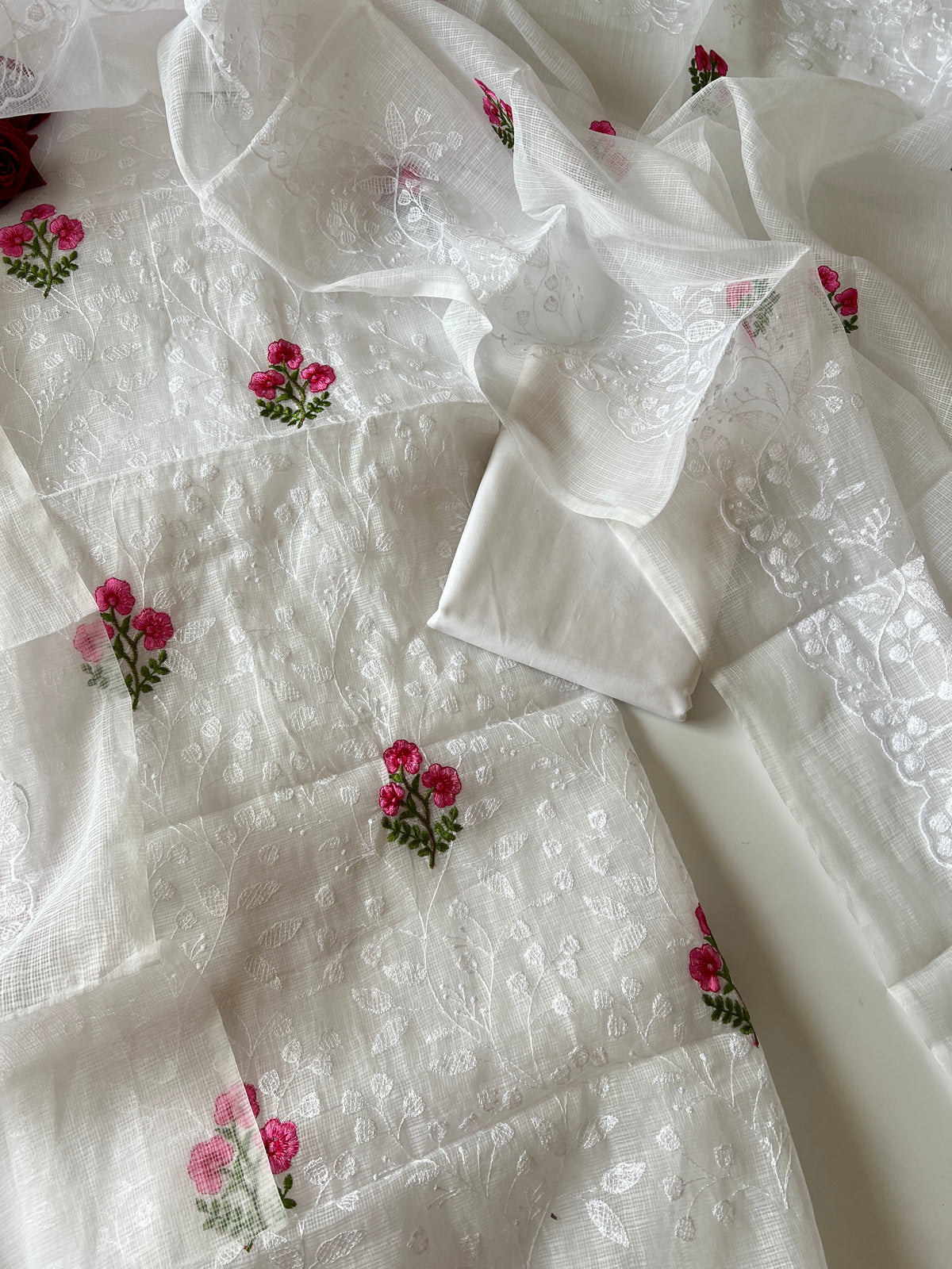 White Kotta floral embroidered kurta dupatta set Unstitched