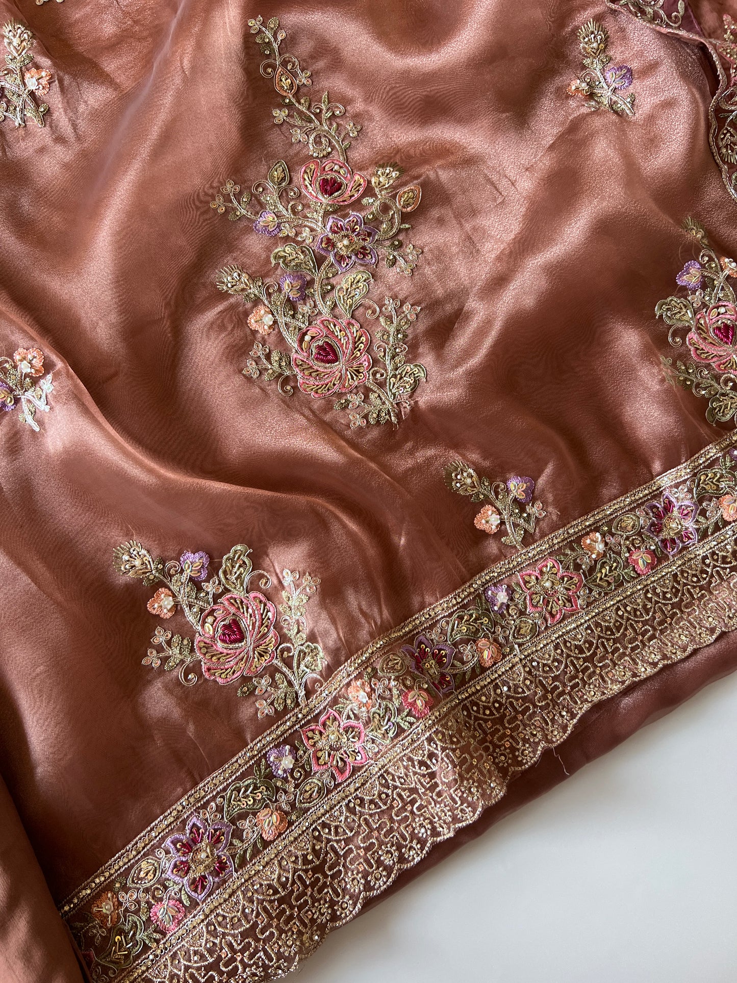 Brown Tissue partywear embroidered suit set unstitched