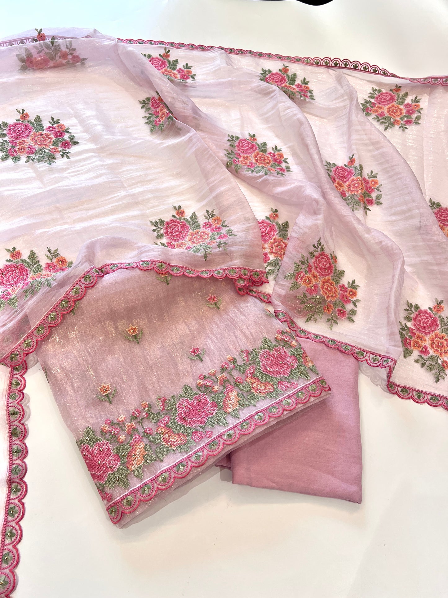 Pink Glass tissue with floral cross stitch embroidery dress material