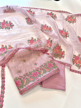 Pink Glass tissue with floral cross stitch embroidery dress material
