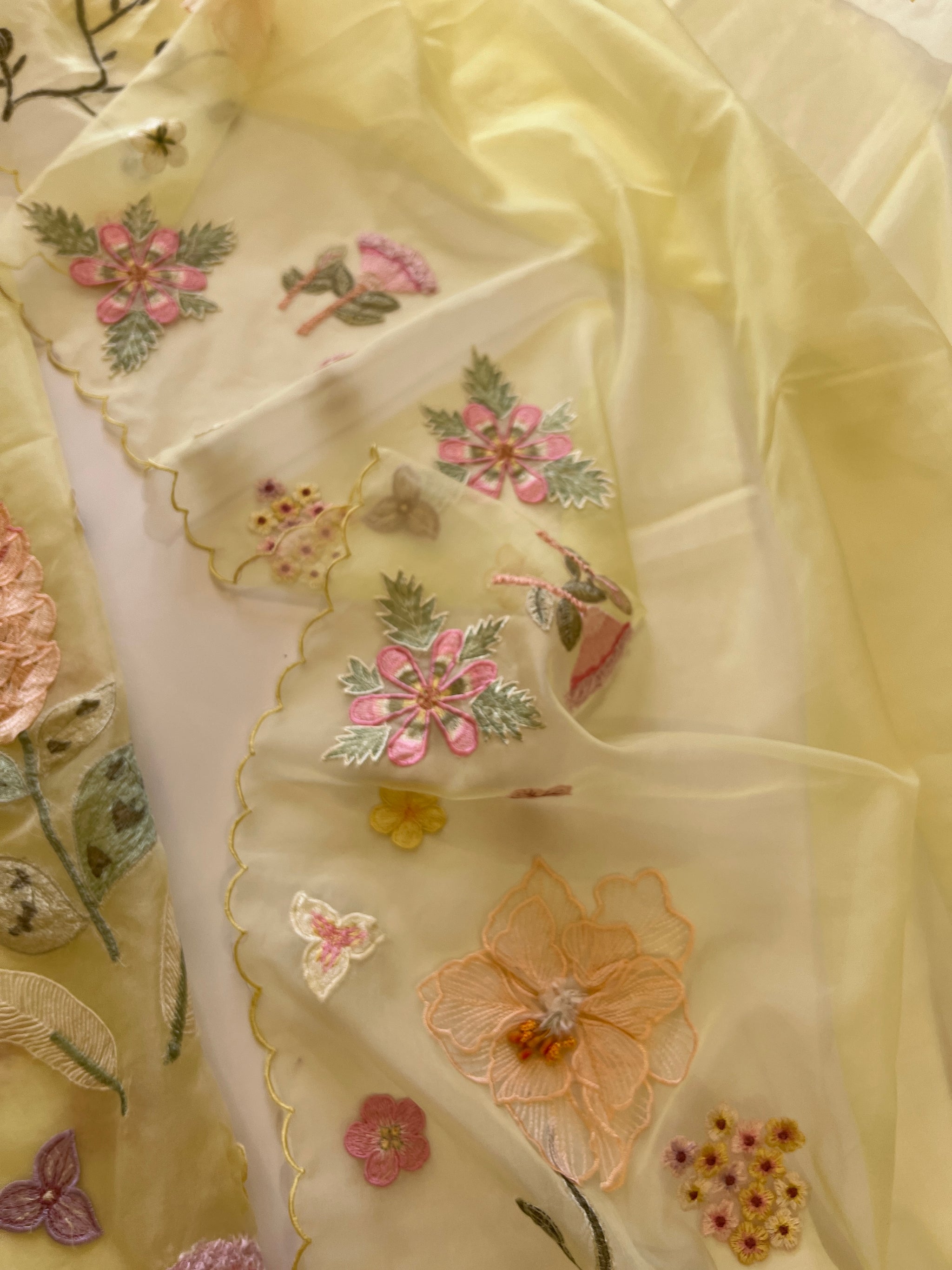 Yellow 3D Embroidery on semi Organza premium unstitched dress material with floral work