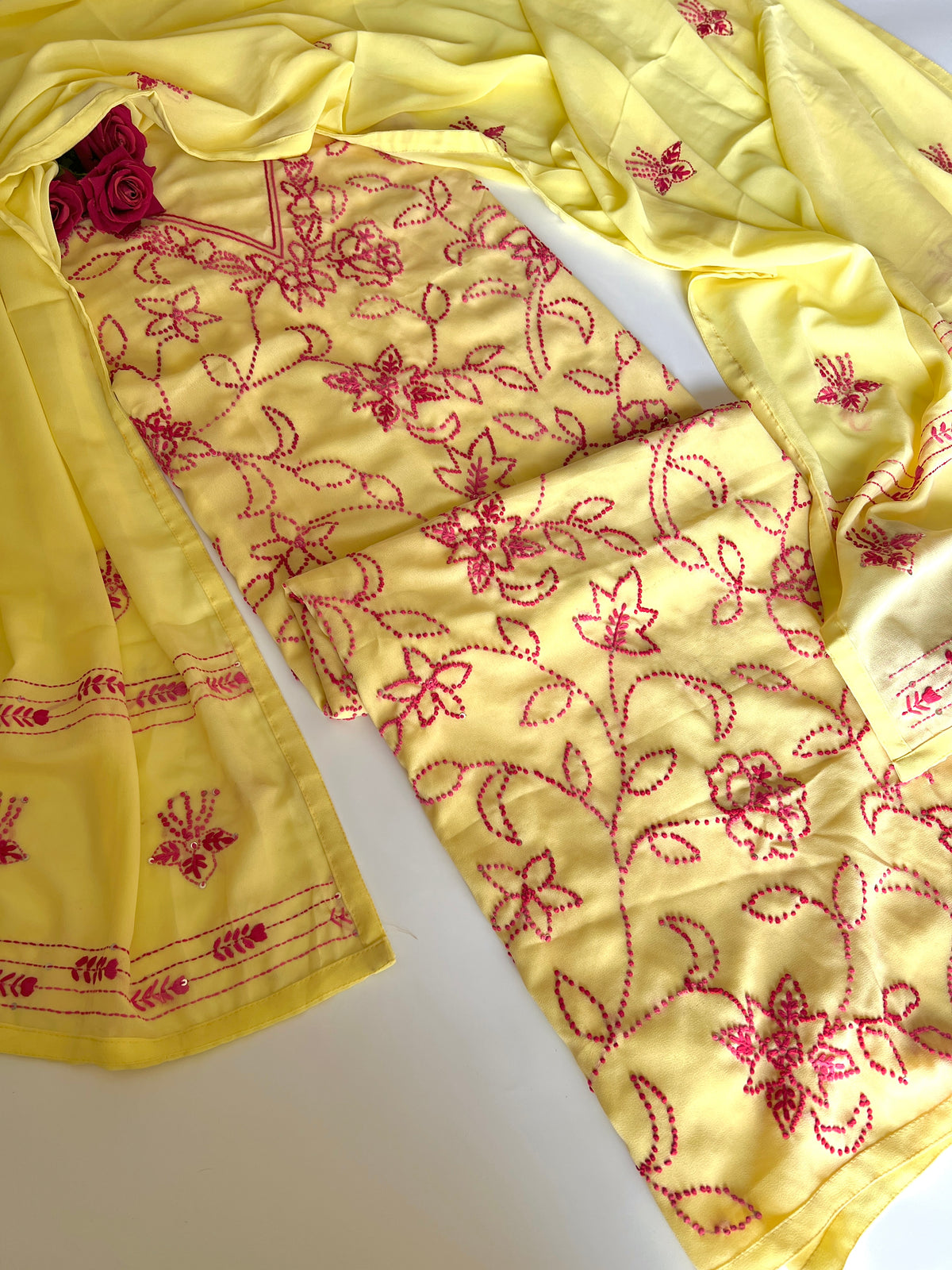 Yellow Georgette Knot Embroidery Unstitched suit set 3 pc