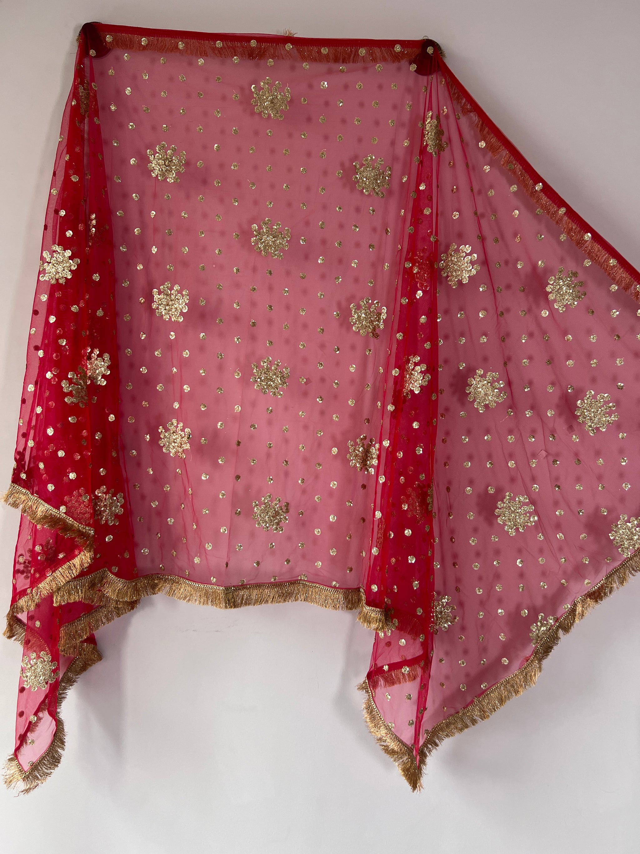 Red Bridal Net dupatta with fringe border