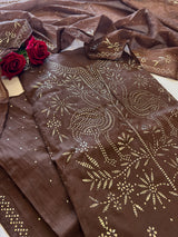 Brown Mul Chanderi dress material with mukaish -Flamingo