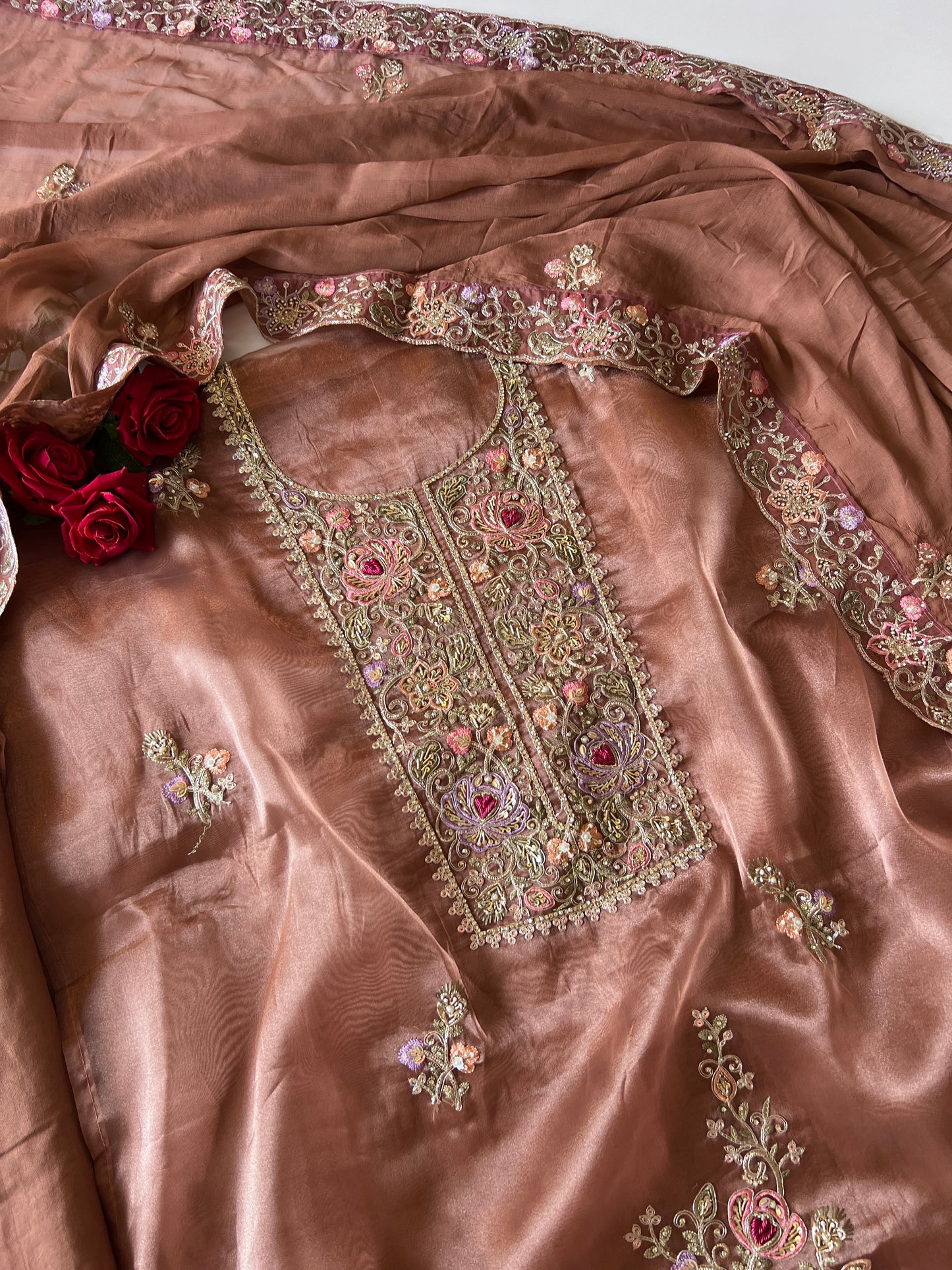 Brown Tissue partywear embroidered suit set unstitched