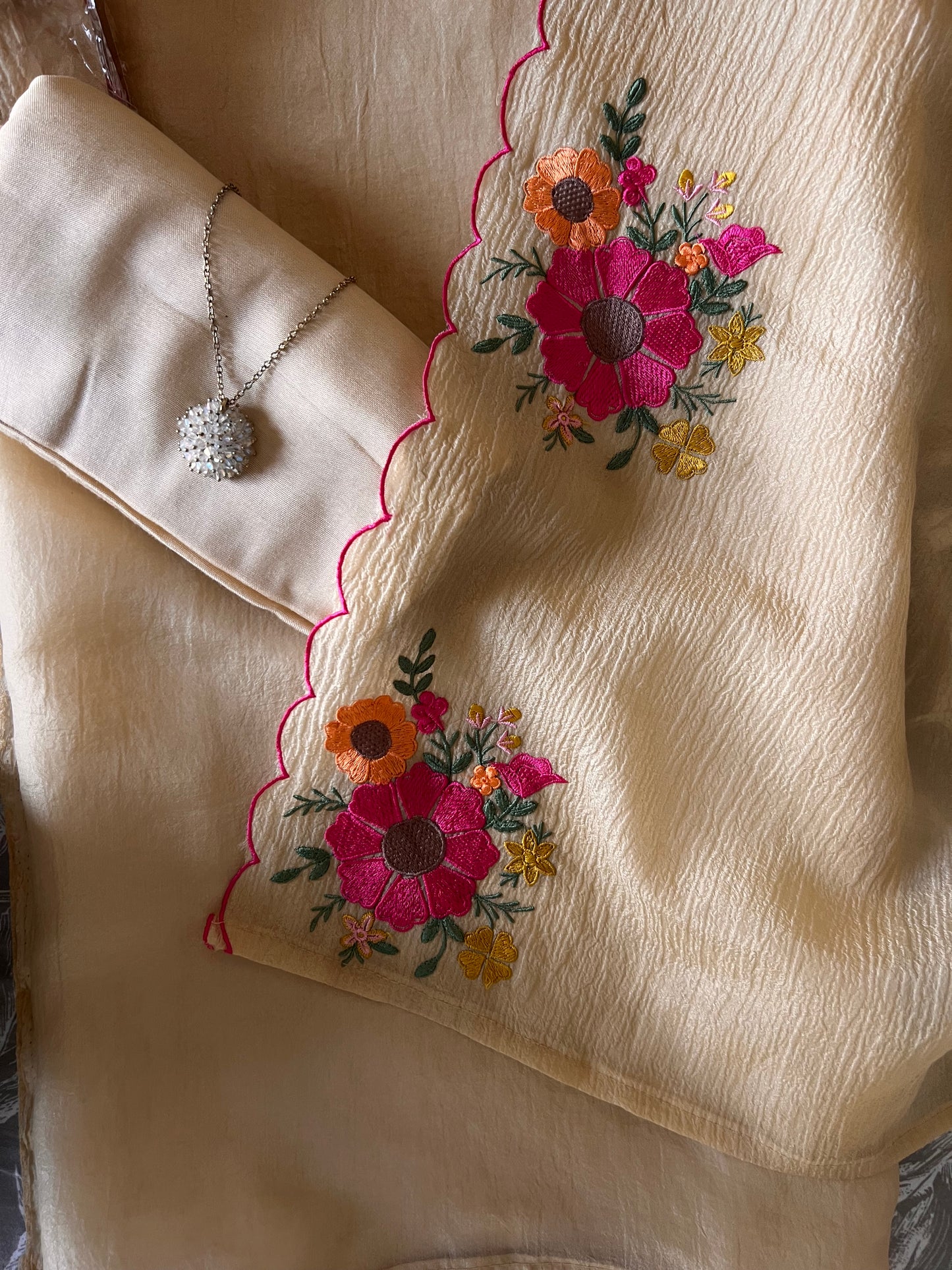 Sunflower Embroidery Crush tissue Silk Dress material