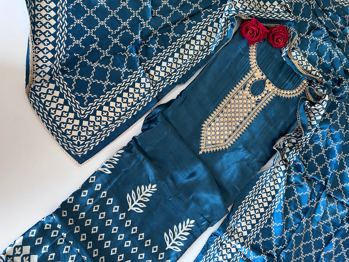 Blue Gajji Silk With gotta work neck Unstitched suit