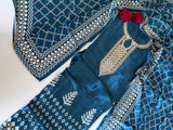 Blue Gajji Silk With gotta work neck Unstitched suit