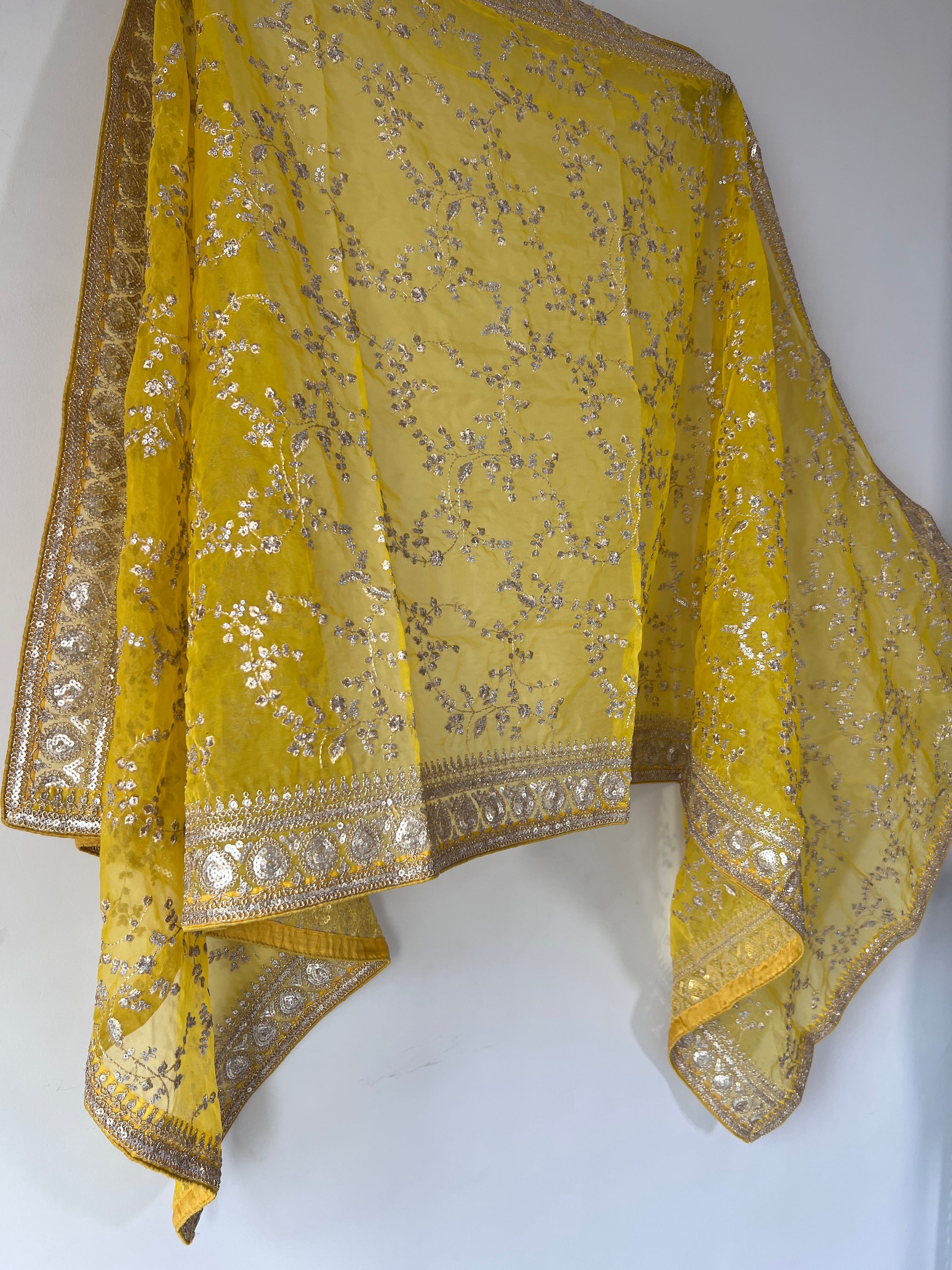 Yellow Organza Sabyasachi concept dupatta with all over embroidery