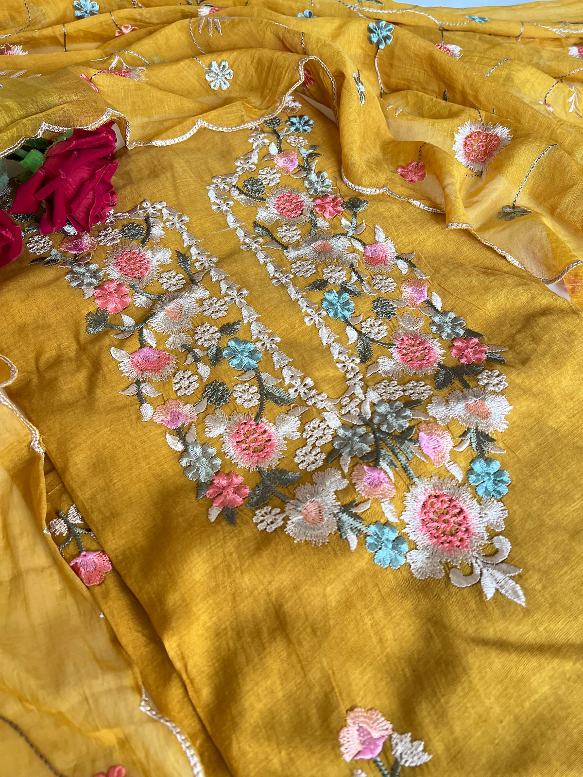 Yellow Mul chanderi full embroidery dupatta thread work unstitched suit