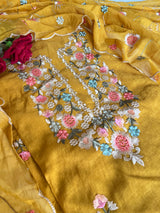 Yellow Mul chanderi full embroidery dupatta thread work unstitched suit