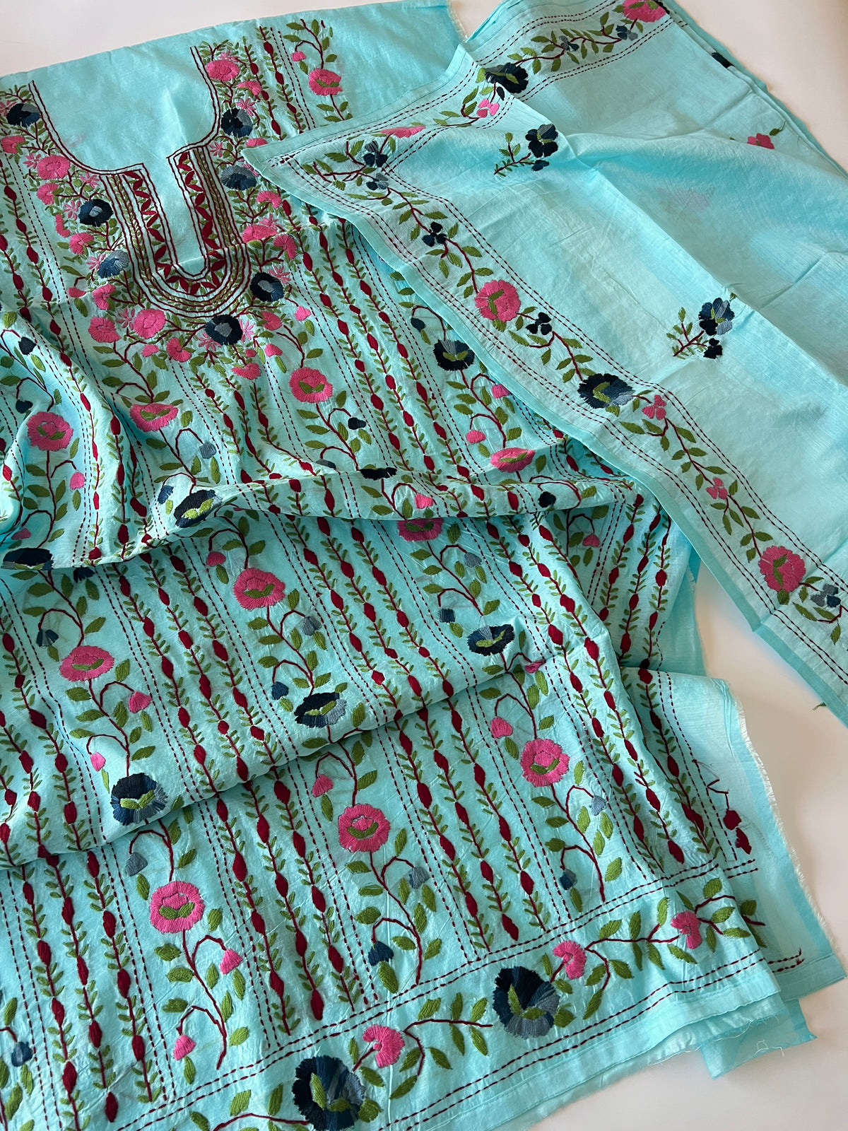 Sky blue Phulkari embroidery Unstitched suit material