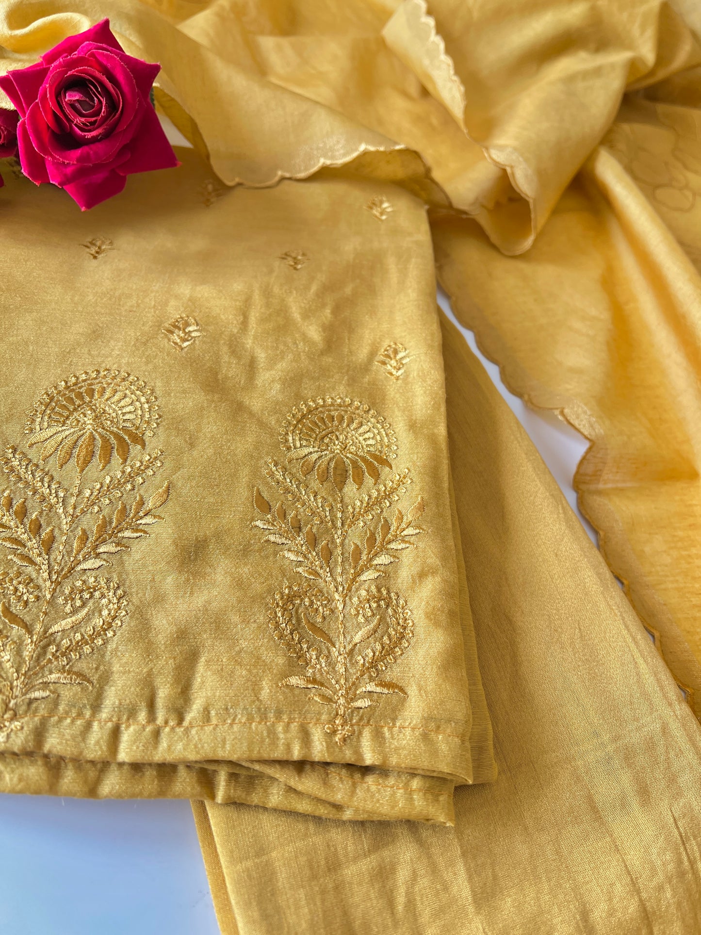 Yellow Pure Chanderi patchwork Embroidery scallop unstitched suit