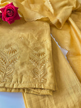 Yellow Pure Chanderi patchwork Embroidery scallop unstitched suit