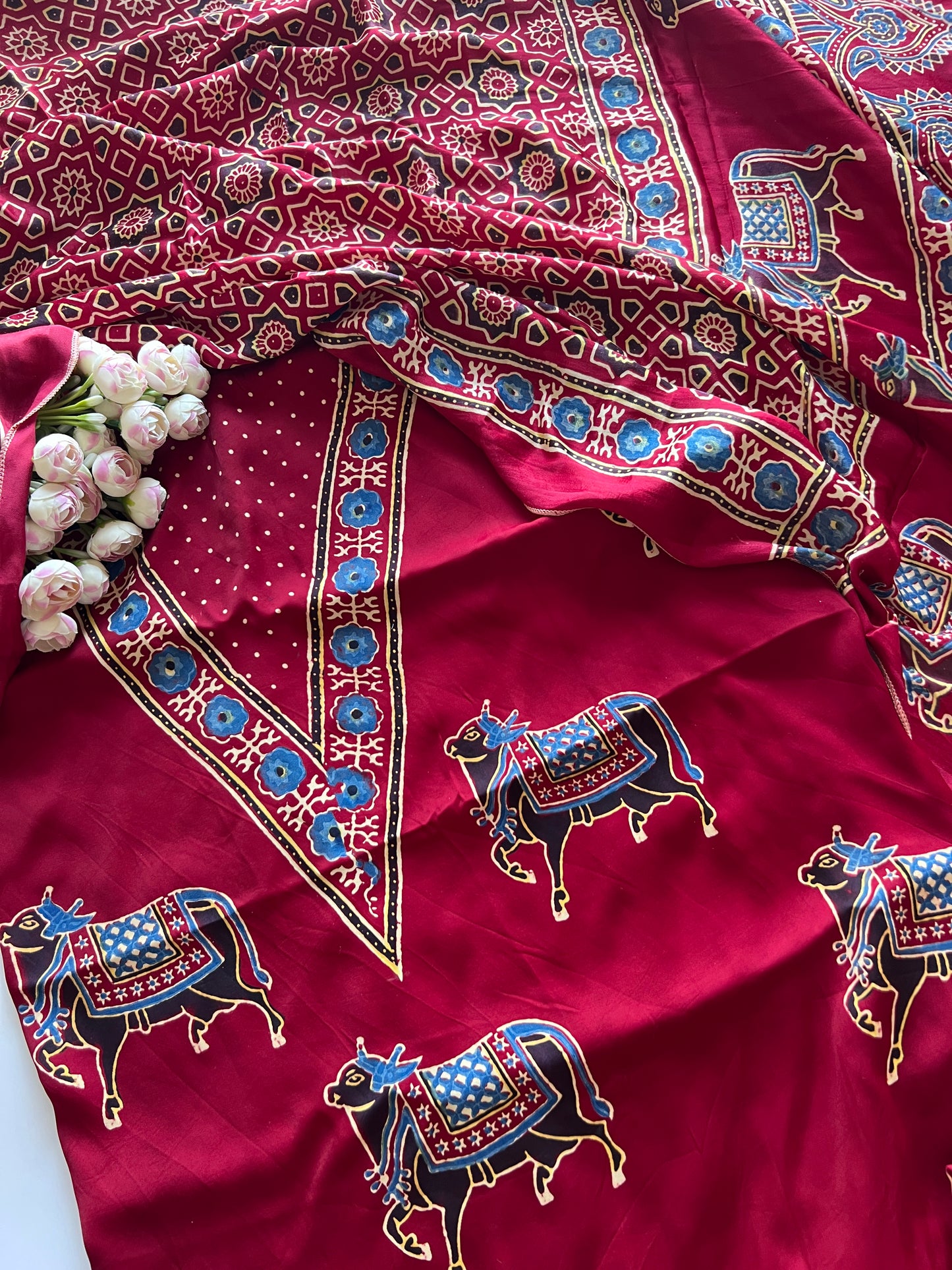 Maroon Ajrakh Handblock print 3 pc fabric Unstitched suit set