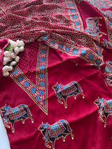 Maroon Ajrakh Handblock print 3 pc fabric Unstitched suit set