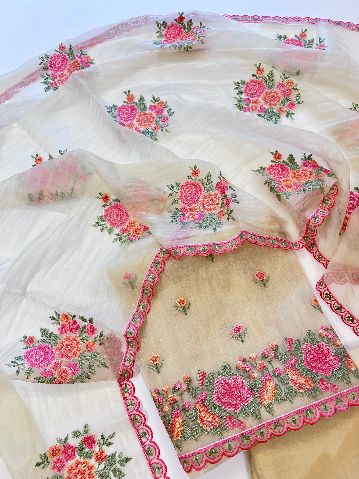 Light Gold Glass tissue with floral cross stitch embroidery dress material