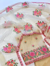 Light Gold Glass tissue with floral cross stitch embroidery dress material