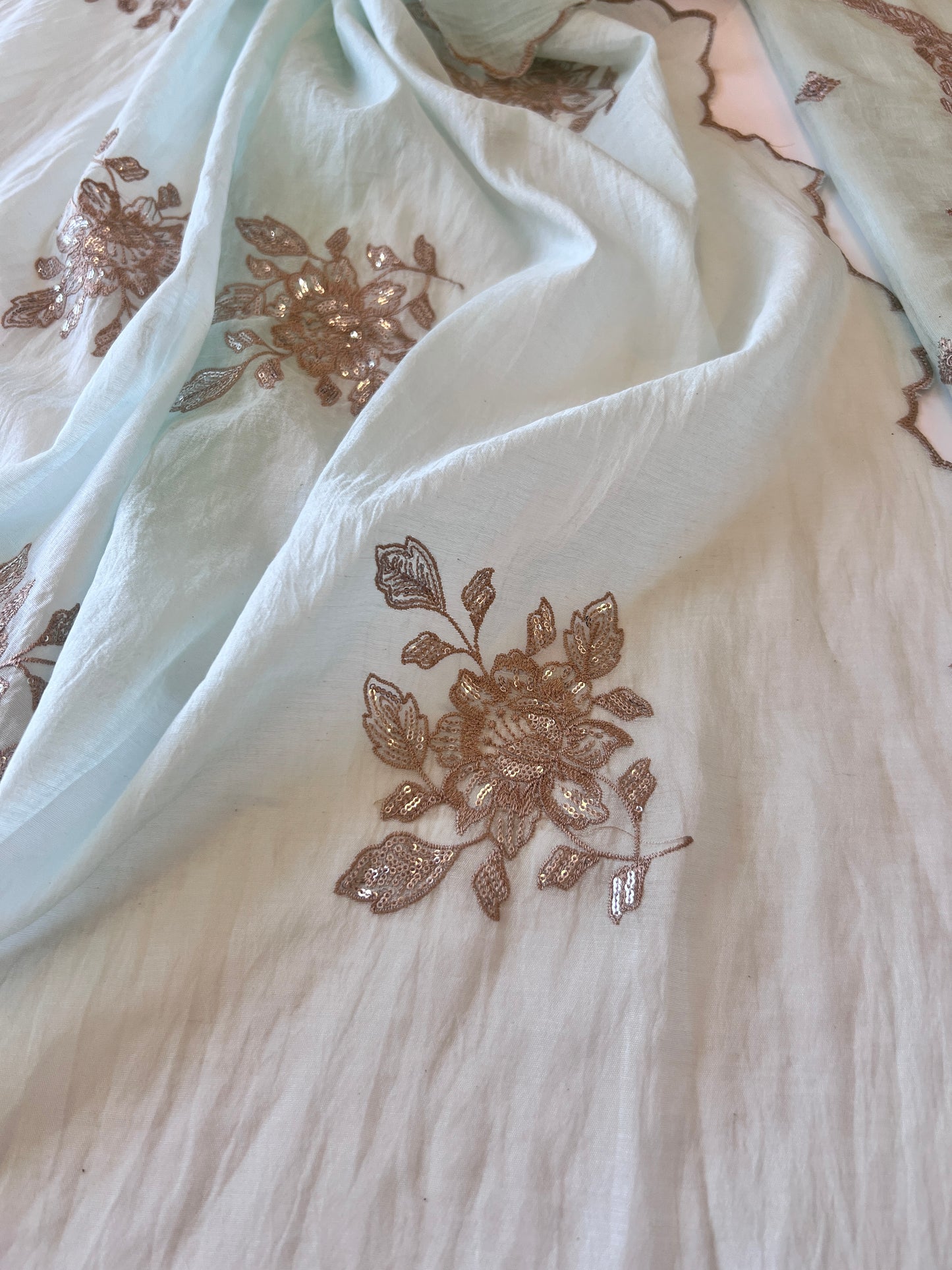 Pastel Blue Mul Chanderi Sequin embroidered Unstitched Suit