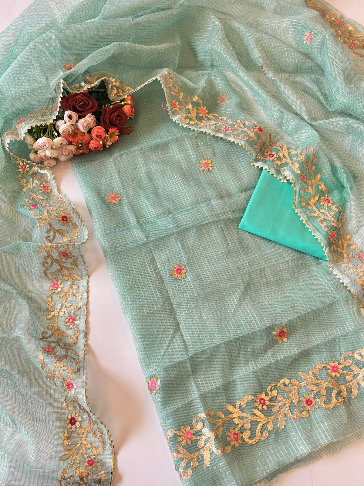 Greenish Kotta with kotta embroidered kurta dupatta set Unstitched