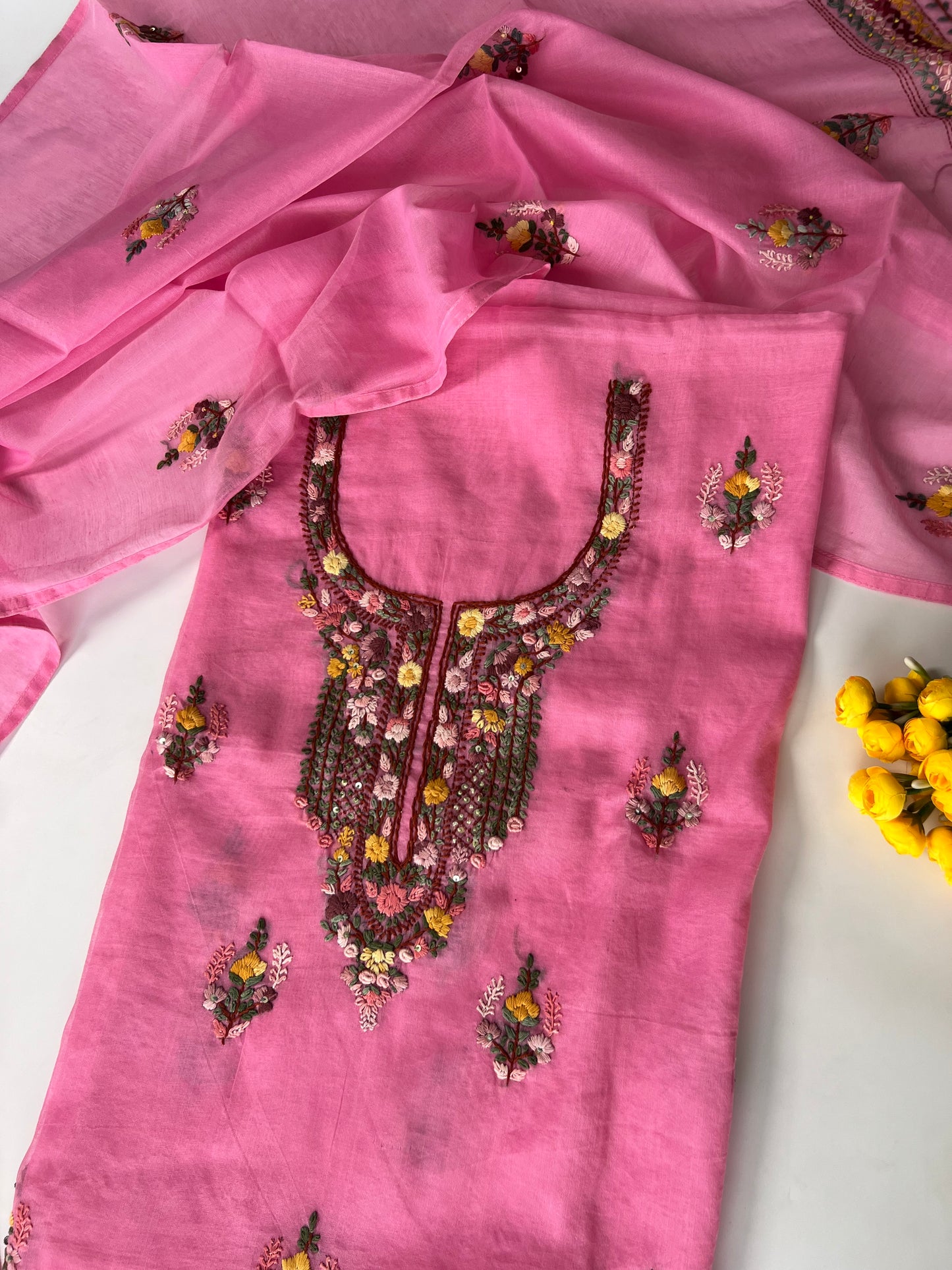 Pink Chanderi knot embroidery Unstitched suit material