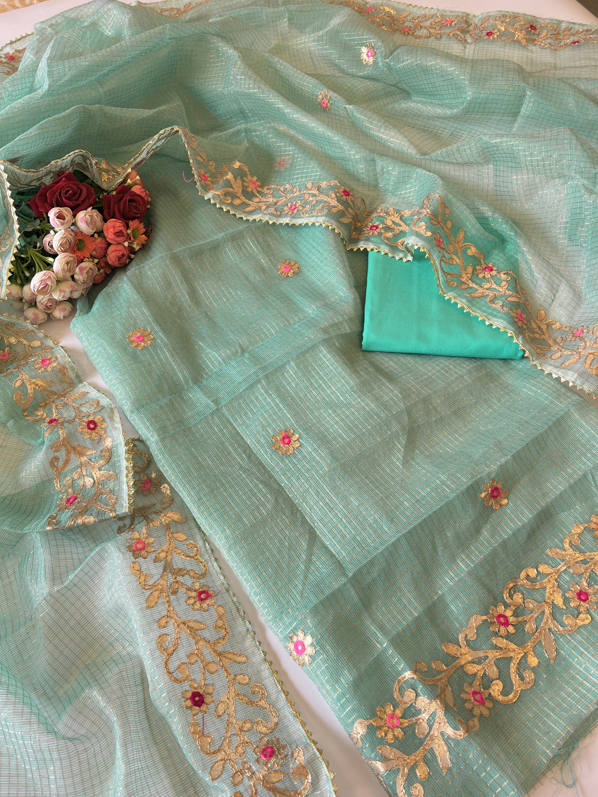 Greenish Kotta with kotta embroidered kurta dupatta set Unstitched